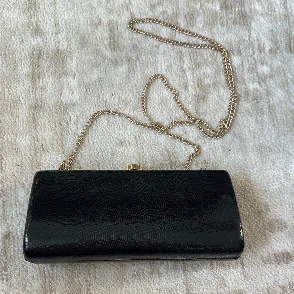 Elegant Black Patent Leather Shoulder Clutch with Gold Chain